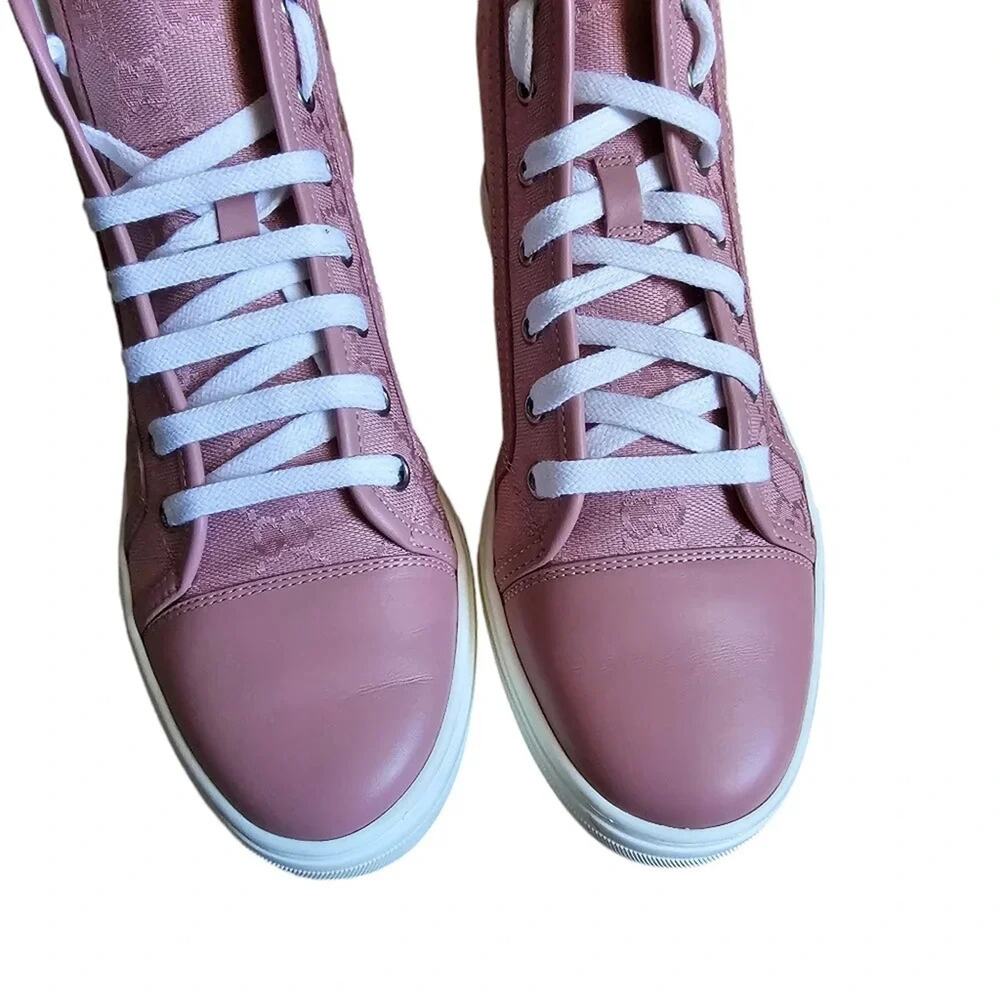 Gucci Rebel High Top GG Sneakers EU 37 US 7 Pink Monogram Canvas Lace Up Cap Toe - Picture 7 of 11